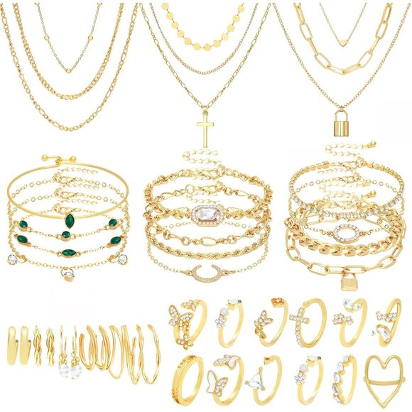 Elegant 49-Piece Gold Jewelry Collection: Hypoallergenic & Stylish Women’s Set - Picture 1 of 7